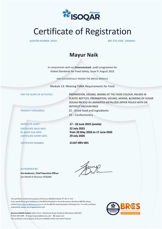 2025 Certificate FSMA - Mayur Naik